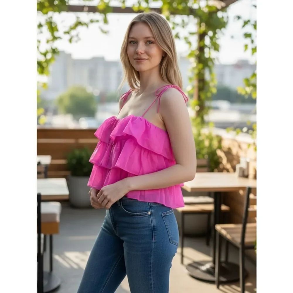 $198 Amanda Uprichard pink tiered ruffle top in pink Medium New